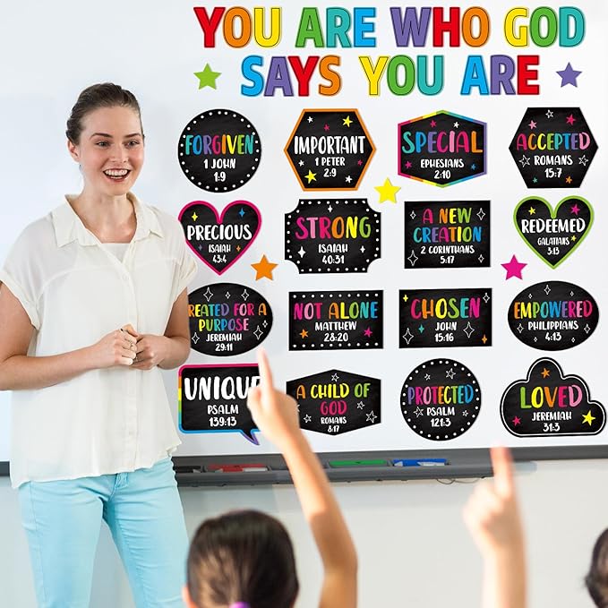 Qyeahkj Christian Bulletin Board Decorations God Says You Are Religious Classroom Wall Decor Colorful Motivational Quote Cutout Inspirational Bulletin Board Sets for Sunday School Home Church Supplies