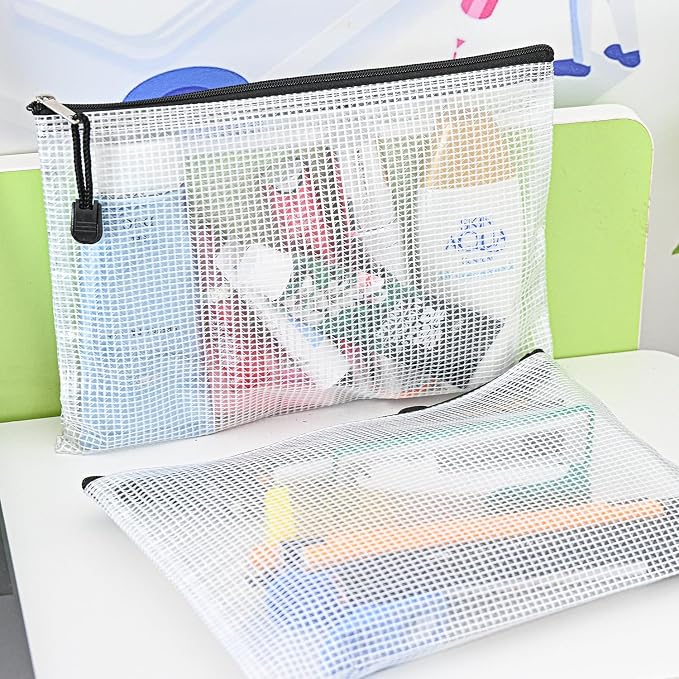 D-KINGCHY 24Pcs Zipper Storage Bags, Plastic Mesh Zippered Pouch for Organization, Waterproof Versatile Bags for Office Supplies School Travel (A5 Size 9.2''x6.7'', Black Zipper)