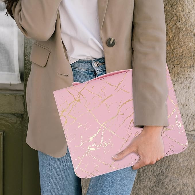 GraduatePro Zippered Leather Padfolio Portfolio Folder with Handle and Clipboard, 3-Ring A4 Size Interview Legal Conference Document Organizer, Business Card Holder Bag for Men/Women, Pink Marble