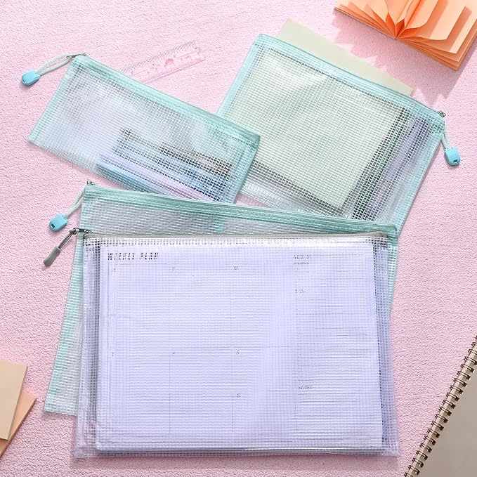 BAYTORY 18Pcs Mesh Zipper Pouch Bags, Clear Waterproof Document Bag, Assorted Color File Pockets, Large Capacity Plastic File Jackets, Multipurpose for Travel School Office and Home (Green)