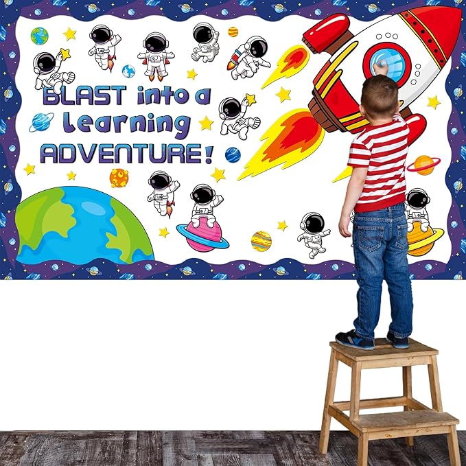 Justforjoyful Outer Space Astronaut Bulletin Board Decorations Space Theme Classroom Decor Back to School Galaxy Borders Blast into a Learning Adventure Rocket Solar System Planet Paper Cutouts Kids