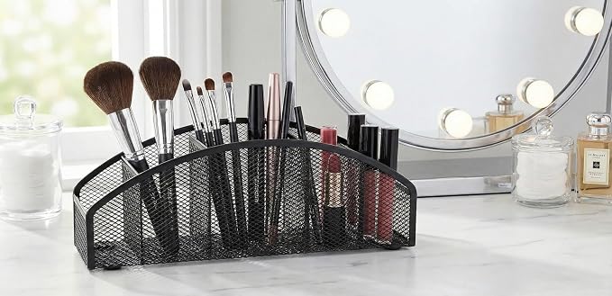 5-Tier Desk Organizer & Pen Holder, Large-Capacity Metal Mesh Pencil Cup, Cute Aesthetic Desktop Caddy for Markers, Art Supplies, Makeup Brushes, Black