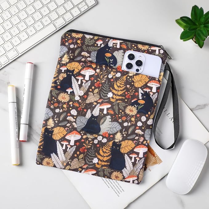 Waterproof Book Sleeve Pouch - Black Cat Books Cover Protector for Paperbacks Portable Bookworm Accessories with Pocket and Handle Flower Mushroom Bookish Gifts for Women Teacher Student