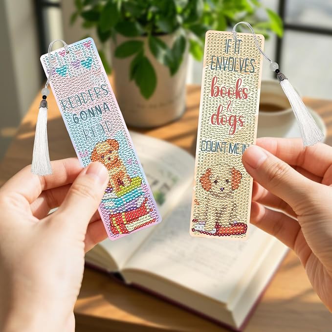 Reading Diamond Art Bookmarks for Adults - 6 PCS DIY Books and Cute Animal Diamond Painting Bookmarks with Tassel DIY Cat Dog Art Craft Making Kits for Reading Lover Book Lover Beginners