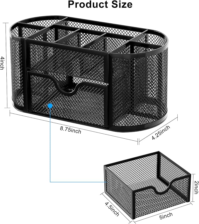 EasyPAG Mesh Pen Holder Desk Organizer with Drawer Stationery Supplies Organizer for Dorm School 9 Compartments Workspace Desk Accessories Organization for Office, Black