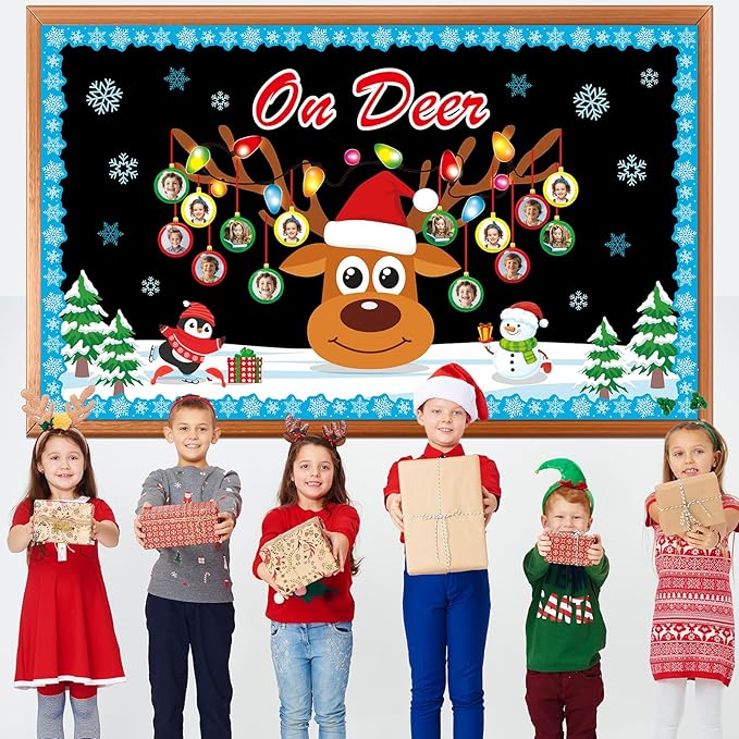 Christmas Reindeer Bulletin Board Set Winter Deer Bulb Classroom Decoration Xmas Large Elk DIY Photo Crafts Cutouts Snowflakes Bulletin Board Border for Holiday Party Classroom Wall Decor