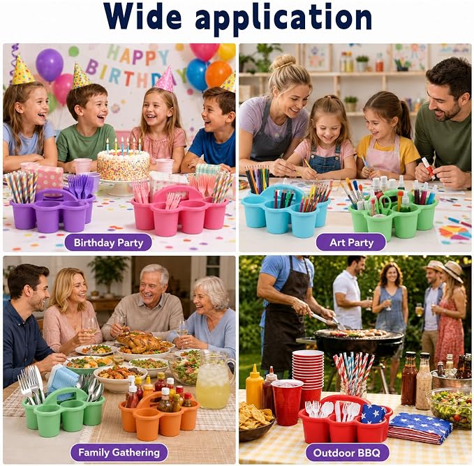Plastic Caddy with Handle Set of 6 Classroom Caddy Organizer Cup Caddies Water Bottle Storage Crayon Caddies Plastic Cup Holder Drink Carrier for School Home Office Supplies (Rainbow)