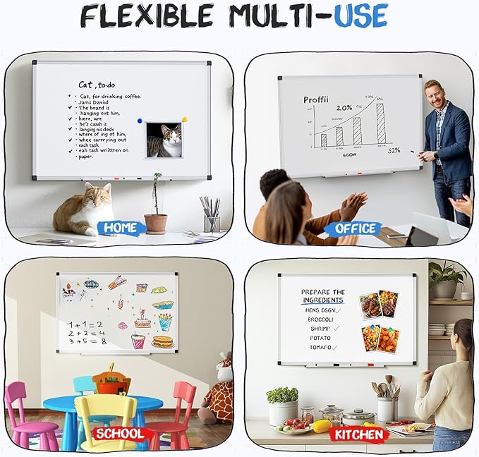DUMOS Magnetic Whiteboard Kit for Wall 36" x 24", Dry Erase Board with 1 Dry Eraser & 2 Multicolor Markers & 4 Magnetic Pins, Sliver Reinforced Aluminum Frame for Home, School, Office