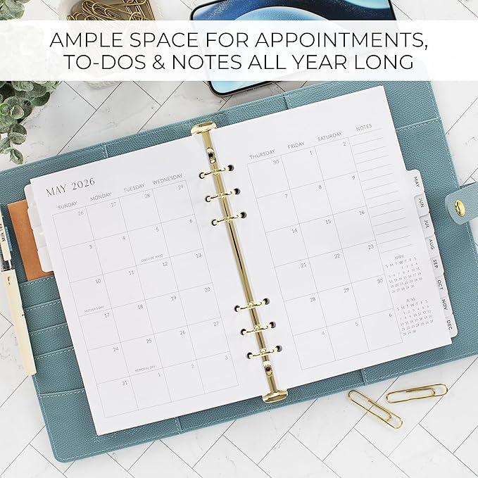 Beautiful 2026 Daily Planner Inserts for 6 Ring Binders – Durable A5 Paper Refill Set 5.5" x 8.3" - Refills Incl. Tabs & Monthly Calendar Spreads - From January 2026 - December 2026