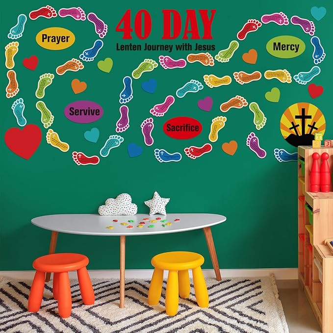 Mooliwe 67 Pcs Religious Bulletin Board Set 40 Day Lenten with Jesus Bulletin Boards Sunday School Decoration Christian Bulletins Board Cutouts for Church Sunday School Classroom Chalkboard Wall Decor