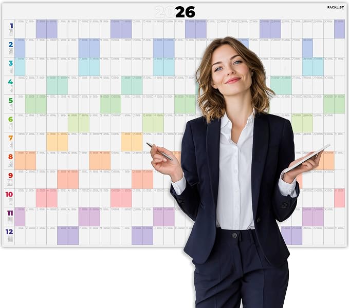 PACKLIST® 2026 Yearly Wall Calendar – Large 33" x 24" Full Year Poster Planner – Extra-Thick 170 GSM Paper – 12-Month Annual Organizer for Family, Office & Academic Planning – Plastic-Free