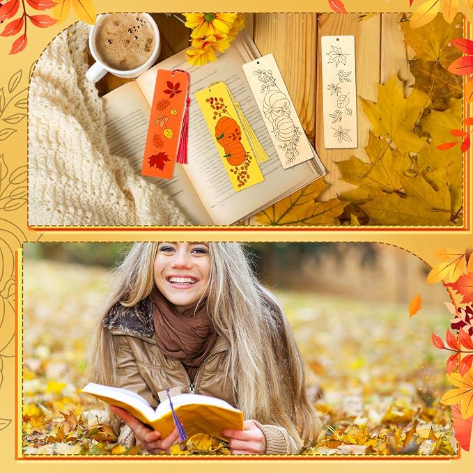 AmazingSpark 100 Pcs Fall Wood Bookmarks DIY Crafts Kit, 50 Set Color Your Own Blank Bookmarks with Tassel Autumn Leaves Pumpkins for Thanksgiving Art Reward