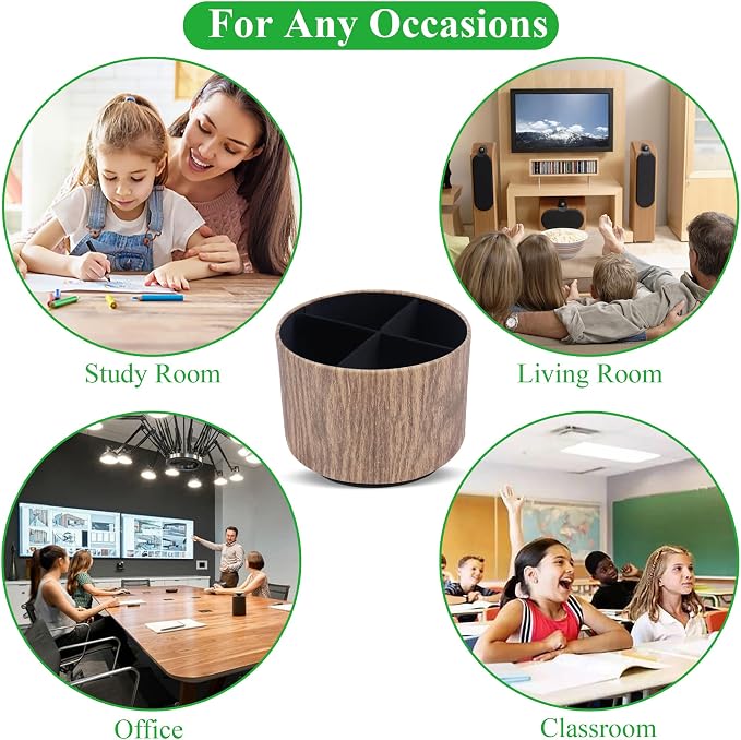 Round Leather Art Supply Organizer,Remote Control Holder,360 Degree Spinning,Multi-Functional Pencil Holder,4 Compartments Desktop Stationary Organizer(1-Thin Wood Brown)
