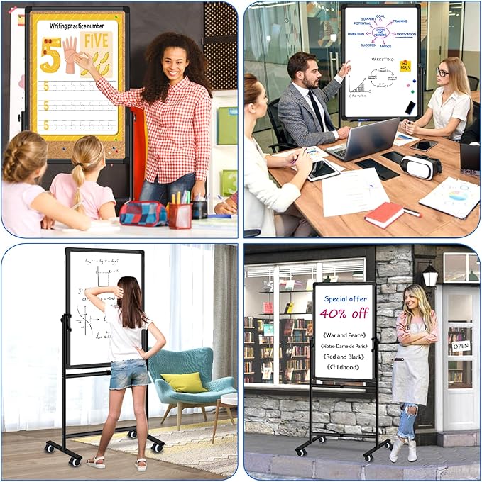 Max-officoo Double Sided Standing Corkboard and Magnetic White Board Dry Erase, 24"x36" Adjustable Height & Angle Mobile Whiteboard with Rolling Wheels
