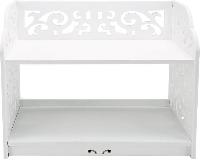 MyGift 2 Tier Vintage White Desktop Bookshelf Organizer Display Stand with Scrollwork Cut Out Design for Home Office Desk, Living Room, Bedroom