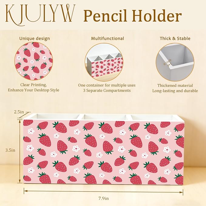 Pink Strawberry Pen Holder for Desk, Strawberry Gifts, Girly Aesthetic Strawberries Flower Wooden Box Pencil Pen Holder Organizer for Home Office Desk Accessories