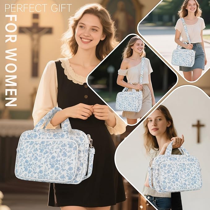 Bible Cover Case for Women Bible Study Supplies Church Camp Essentials Christian Gifts for Women Journaling Kit Quilted Large Bible Book Sleeve (Blue Flower, Large)