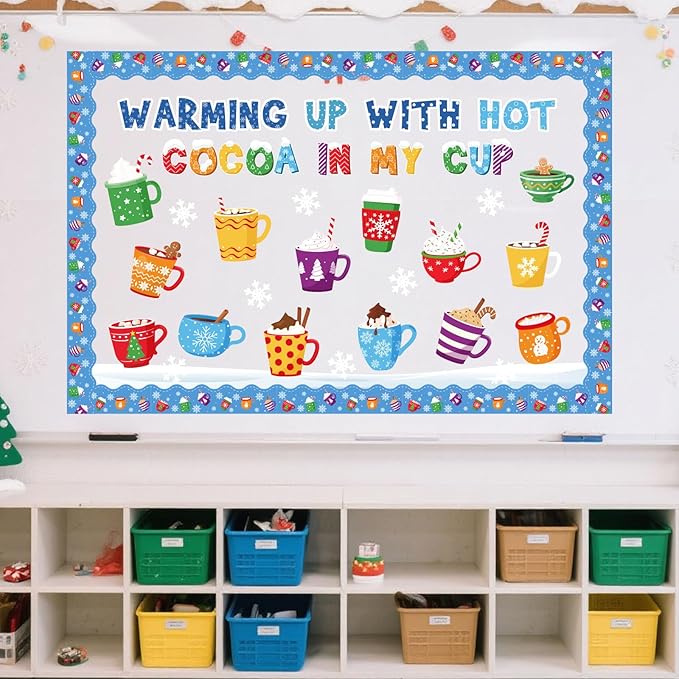 Funrous 52 Pcs Winter Bulletin Board Set Hot Cocoa Classroom Decor Winter Bulletin Boards Warming up with Hot Cocoa Latte Snowflake Cutouts for Christmas Holiday Party School Classroom Home Wall Decor