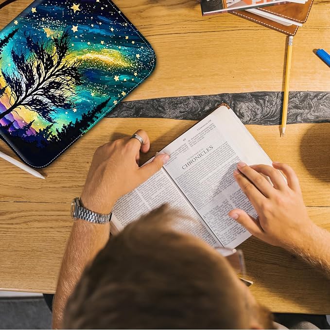 Bible Cover for Men Women,Large Leather Bible Case Fit Book Up to 11x8x2 Inch,Stars Tree Bible Covers Bible Study Carrier Church Bags w/Handle & Zipper