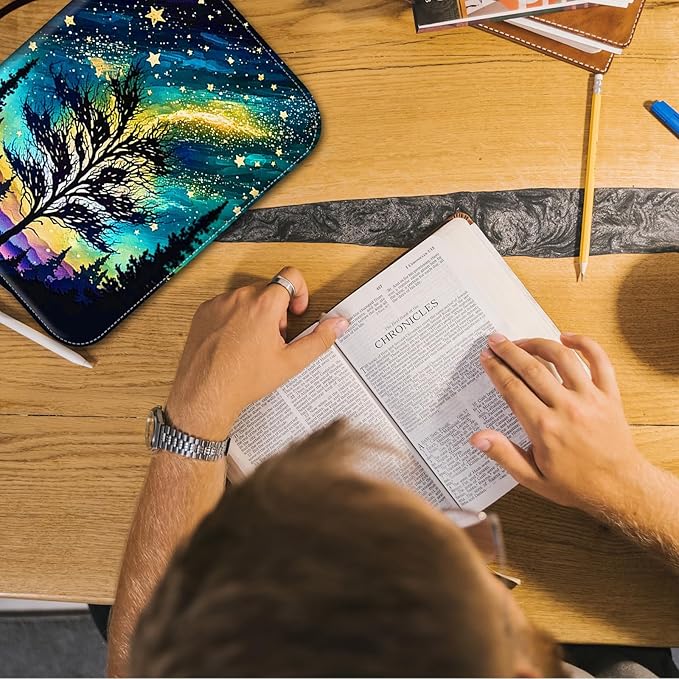 Bible Cover for Men Women,Large Leather Bible Case Fit Book Up to 11x8x2 Inch,Stars Tree Bible Covers Bible Study Carrier Church Bags w/Handle & Zipper