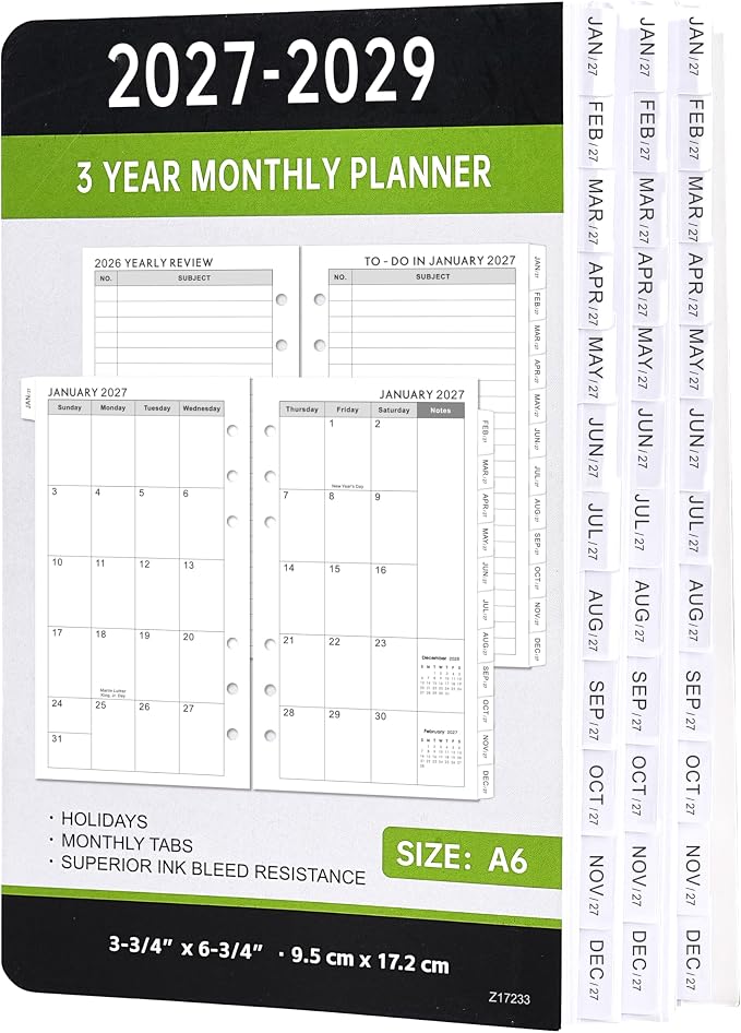2027-2029 Monthly Planner Refill - A6 Size, Planner Inserts with 6-Hole Punched, JAN 2027 - DEC 2029, Two Pages Per Month, 2027-2029 Monthly Calendar with Tabs