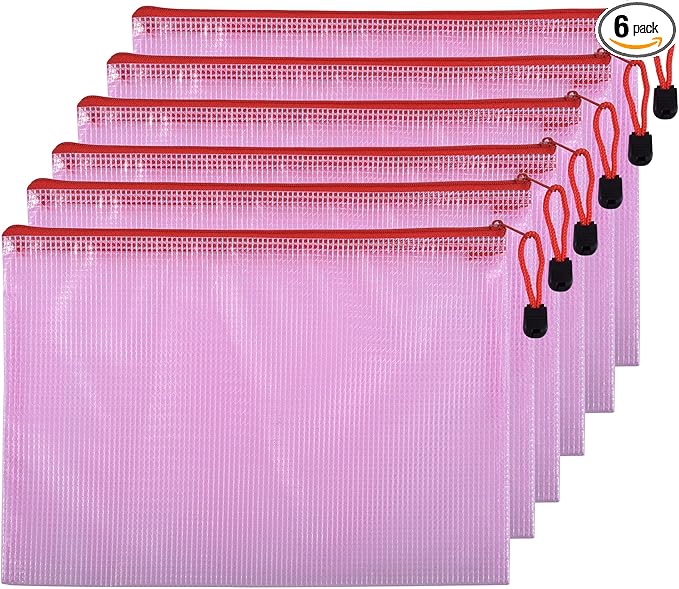 6 Pcs 15.35" x 11.02" B4 Sizes Mesh Zipper Pouch Bags, Mesh Bags with Zipper,Waterproof Clear Document Pouch for Organization Puzzles Travel, Office, Classroom Organization, B4 Red