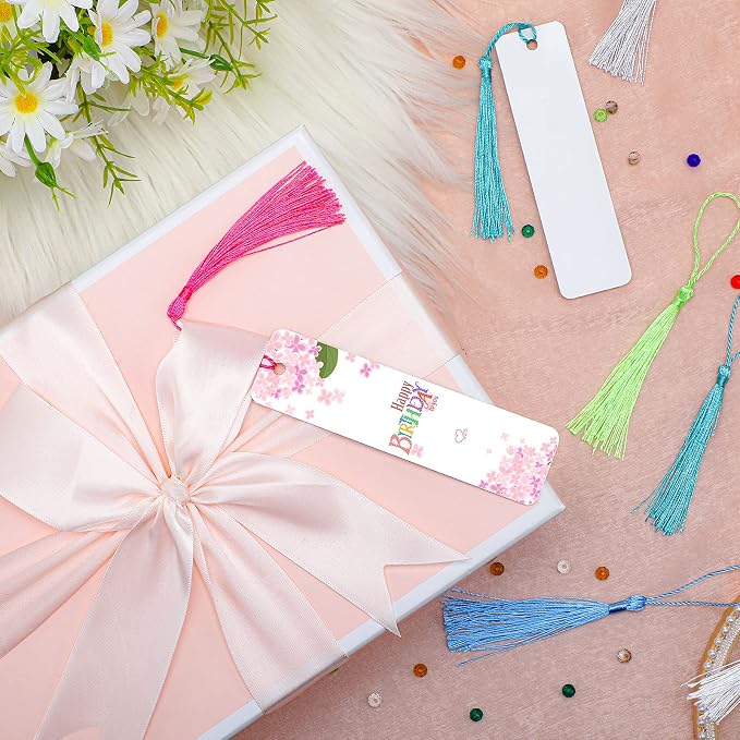 Tenare 30 Pieces Sublimation Blank Bookmarks Metal Heat Transfer Aluminum Bookmarks Bulk with Hole and Colorful Tassels for School Birthday Wedding DIY Projects and Gift Tag