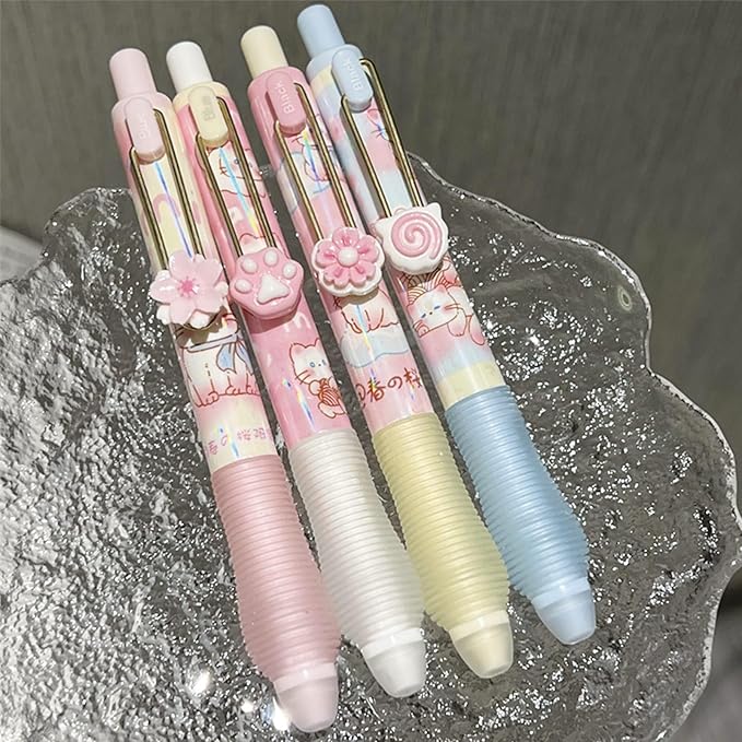 4 Pcs Erasable Pens Retractable Pens Cute Cat Flower Gel Ink Pens Cartoon 3D Pen 0.5mm Smooth Writing Pens Soft Grip Erasable Pen Office School Supplies Women Girls Boys (Black Ink-Cat Flower)