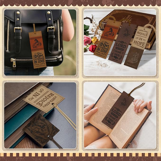 12PCS Leather Bookmark Bible Bookmarks for Reading Women Men Teacher Book Lovers Gifts, Stitched Religious Christian Bookmark Page Markers Inspirational Bible Verse Scripture Book Marks (Vintage-2)