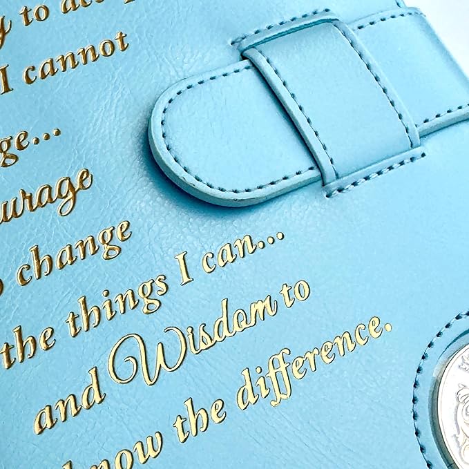 Double AA Big Book Cover & 12 Steps & 12 Traditions | PU Leather | Coin Holder | AA Book Covers for Hardcover | AA Gift | Alcoholics Anonymous (Serenity Prayer/Pastel Blue)