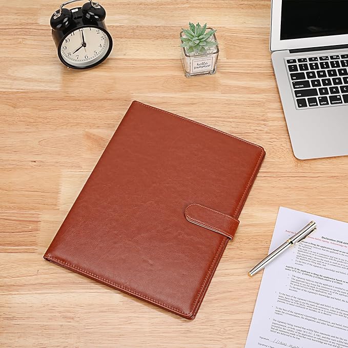 Tiankool Padfolio Portfolio Folder Binder -Faux Leather Portfolio Folder with Cover for A4 Notepad Holder, Business Portfolio for Resume, Legal Pad, Interview, Letter-size Padfolio for Women/Men,Brown