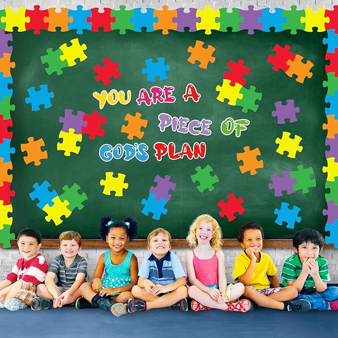 67 Pieces Large Puzzle Cutouts Bulletin Board Set Bible Verse Paper Cuts Classroom Decor You are a Piece of Gods Plan Cut Outs School Puzzle Accents Paper for Classroom Nursery Door Wall Decor