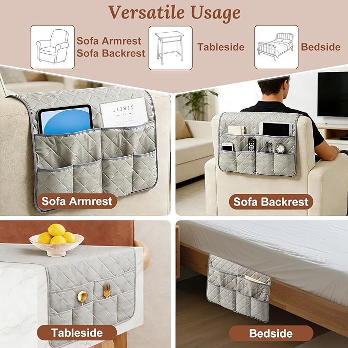 Sofa Armrest Organizer with 6 Pockets, Remote Control Holder for Recliner, Non-Slip Couch Chair Armrest Caddy Bedside Storage for Magazine Book TV Phone iPad Tablet, Grey
