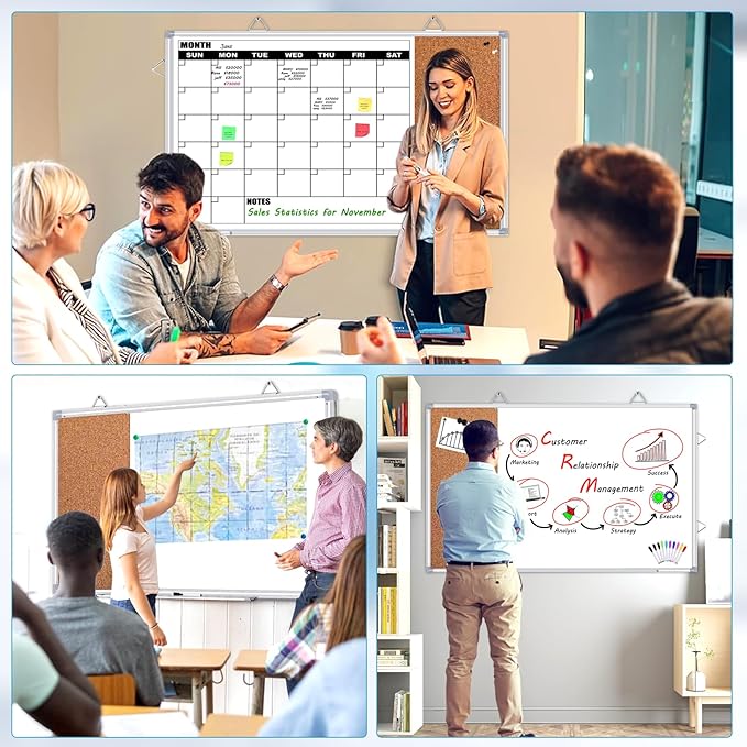 Calendar Whiteboard for Wall, 36" x 24" Double Sided Monthly Dry Erase Board Calendar for Office, Home, School, Hanging Cork Board White Board Combo, Portable Magnetic Dry Erase Planner Board