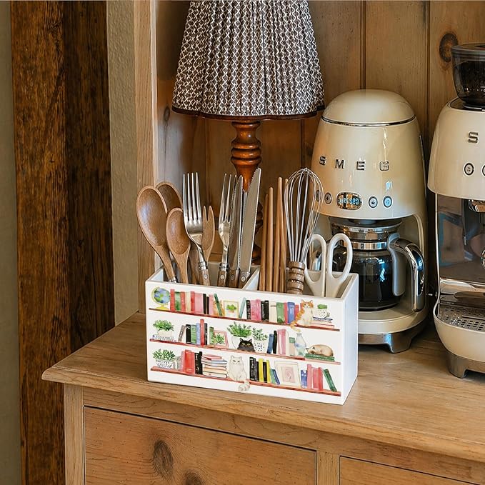 Book Lover Cat Pen Pencil Holder for Desk, Book Lover Reader Bookish Gifts, Retro Whimsical Bookshelf Cat Pencil Holders Wooden Box Organizer for Home Library Reading Room Desk Tabletop