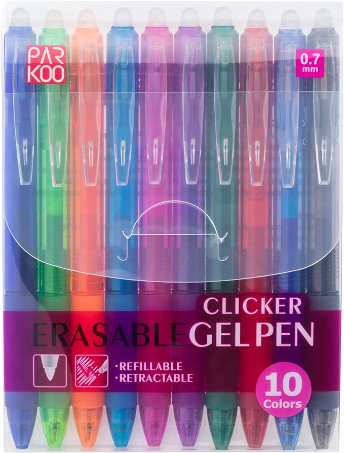 ParKoo Retractable Erasable Gel Pens Clicker, Fine Point 0.7mm, Assorted Color Inks for Drawing Writing, 10-Pack