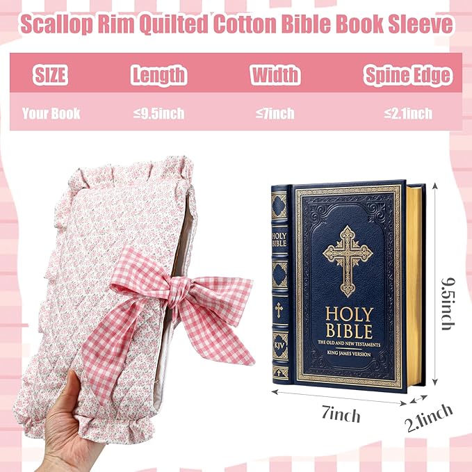 Honoson Quilted Bow Bible Sleeve Cover Case Padded Protector Washable Bible Bag Pouch Christian Gift for Women Girls Book Lover Gifts(Pink Floral)