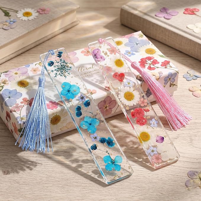 2PCS Transparent Dried Flower Bookmarks, Bookmarks for Women Handmade Dried Flower, Resin Bookmark with Tassels Cute Acrylic Bookmark Blanks Clear Planner Accessories, Blue Pink Pretty and Aesthetic