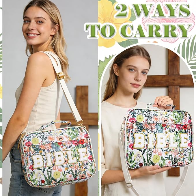 Large Bible Cover Case for Women, 12 x 9 x 2.5 Inch Letter Bible Bag with Shoulder Strap Carrying Bag with Tabs 6 Colored Pens 12 Highlighters, Back to School Study Supplies Christian Church Gifts