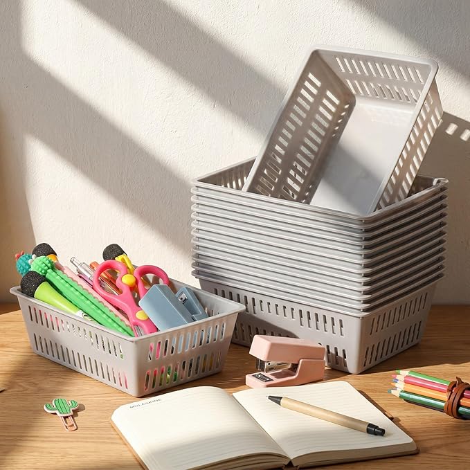 Sherr 36 Pack Classroom Storage Basket Small Plastic Basket for Organizing Crayon Pencil Container Storage Bin Tray Holder for Paper Shelf Back to School Office Supply 6.1" l x 4.3" w x 2.4" h(Gray)