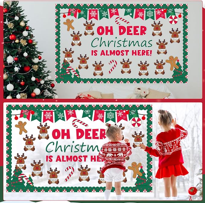 Justforjoyful Christmas Bulletin Board Decoration Christmas Deer Classroom Bulletin Board Set Xmas Reindeer Name Tag Snowflake Candy Cutouts for School Chalkboard Wall Winter Holiday Party Supplies