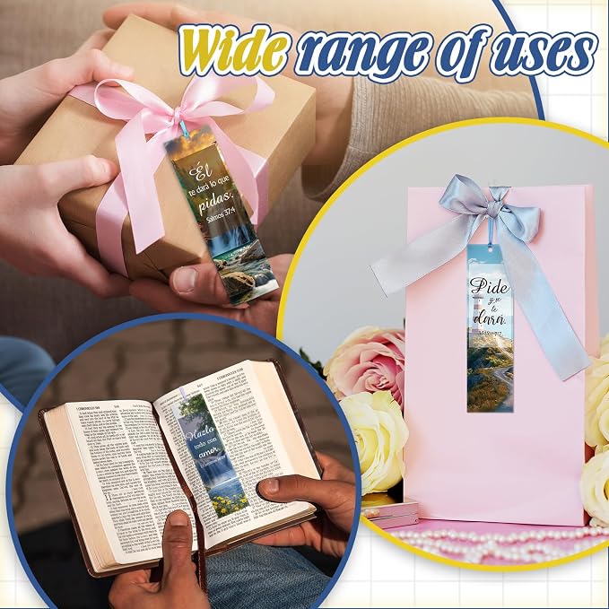 AmazingSpark 120 Pcs Spanish Bible Verse Bookmarks Christian Separadores De Biblia En Español Landscape Spanish Religious Inspirational Bookmarks with Rope for Book Lover Church Prayer Religious Gift