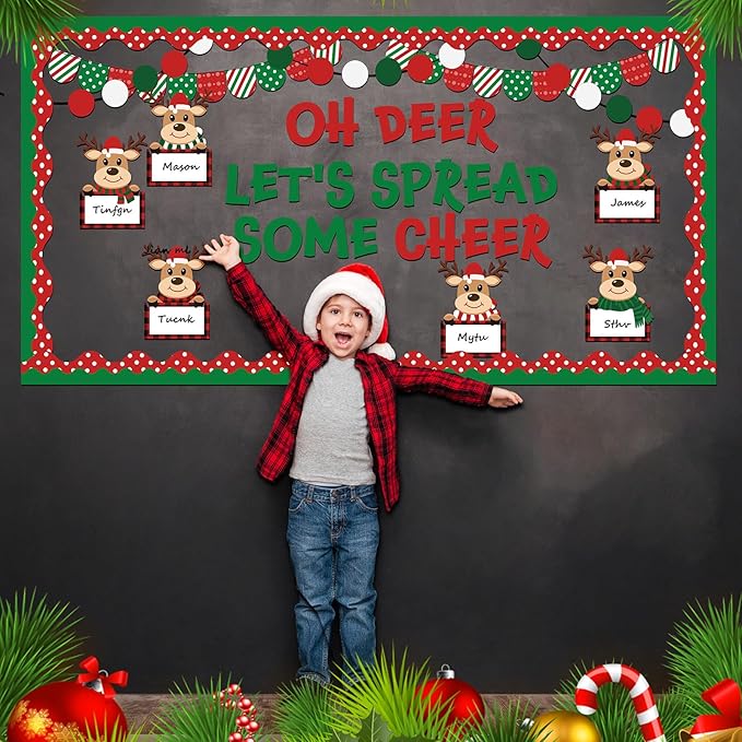 Containlol 64 Pcs Christmas Bulletin Board Set Christmas Elk Classroom Bulletin Board Xmas Elk Paper Cutouts with Boarders for Winter Holiday Party Supplies Chalkboard School Classroom Decor