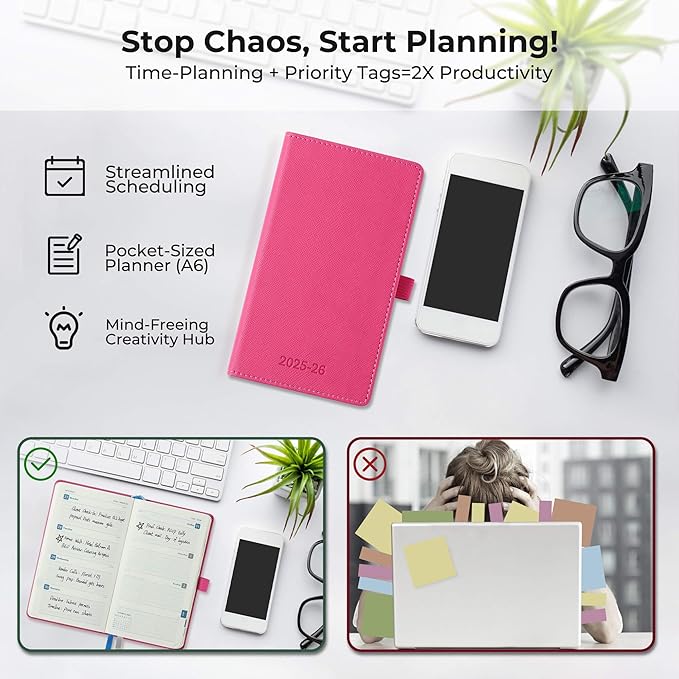 Weekly Monthly 2025-2026 Planner (July 25-Dec 26),6.5"x3.75",18 Months Agenda Plan with Month Tabs & Pocket,Expenses/Note Pages, Academic Calendar with Vegan Leather Cover,Rose Red