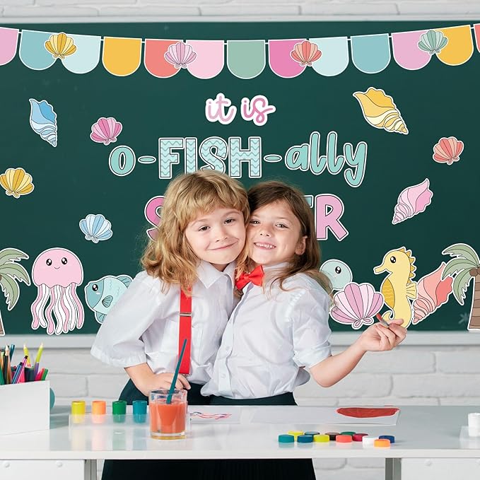 AnyDesign 80 Pcs Summer Ocean Sea Bulletin Board Decoration Cartoon Marine Animal Fish Paper Cutouts with 150 Pcs Glue Points for Tropical Party Classroom Wall Decor