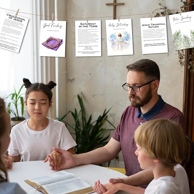 Holy Week Story Cards & Easter Story Cards - Holy Week Decoration - Religious Supplies & Easter Activities for Kids Teens Adults - Sunday School Learning Card(16 Holders 26 Feet Hemp Rope) - A02