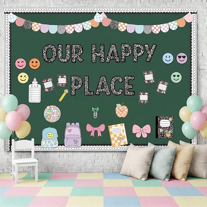Mooliwe 94 Pcs Composition Notebook Classroom Decor Welcome Back to School Bulletin Board Set Checkered Classroom Decor Smile Face Stationery Paper Cutouts for First Day of School Wall Door(Novel)