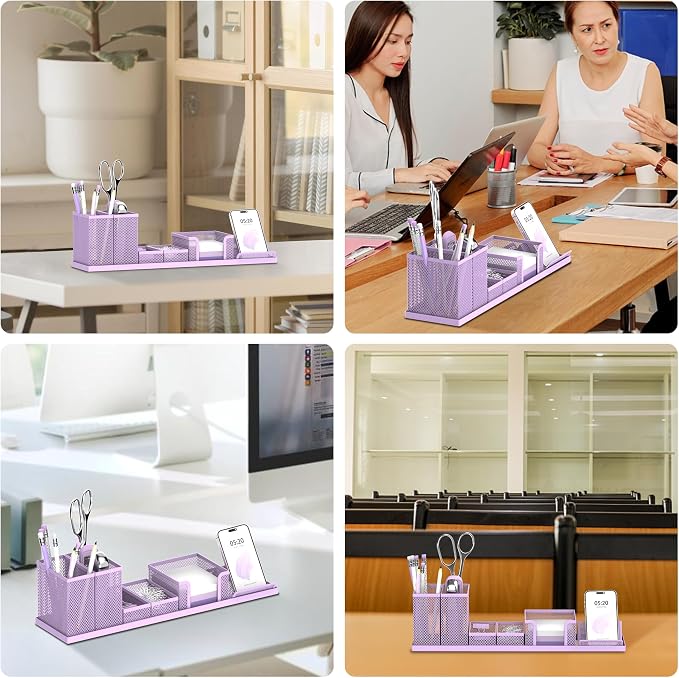 SUPEASY Pen Holder for Desk, 6 Piece Mesh Desk Organizer set for Office Organization with Mail Organizer, Letter Phone Holder, Sticky Notes Caddy Storage, Purple