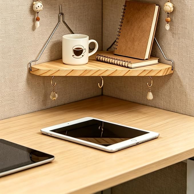 3 Pack Cubicle Corner Shelf with Hooks, Wooden Fabric Wall Organizer for Office Desk Storage, Tool-Free Cubicle Accessories for Work Decor