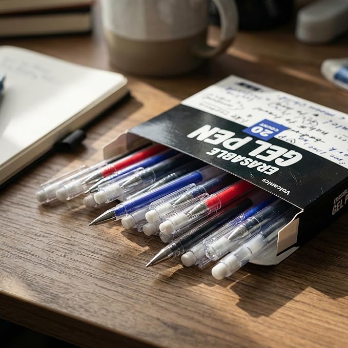 Volcanics Erasable Gel Ink Pens 20 Pack – 7 Black, 7 Blue, 6 Red Heat Erasable Gel Pens, Smooth Writing, No Refill Needed, No Smudge, for School, Office, Journaling, Note Taking
